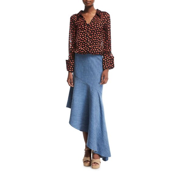 Alice + Olivia Silk Emmerson Burnout Velvet Heart Shirt Sheer Button Down Blouse - Picture 16 of 16